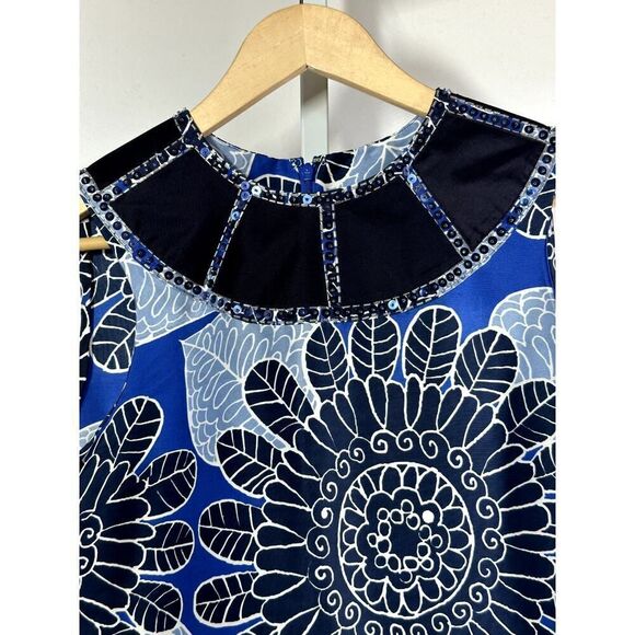 TORY BURCH Women's Silk Beaded Floral Sleeveless Shift Dress Blue Size 4 - Picture 3 of 11